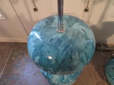 Karl Springer Magnificent Pair Karl Springer Marbleized Blue Lacquer Lucite Table Lamps 1970s
