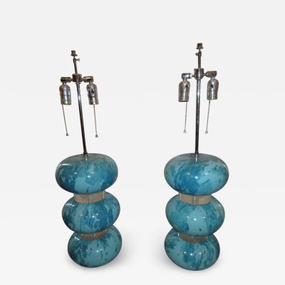 Karl Springer Magnificent Pair Karl Springer Marbleized Blue Lacquer Lucite Table Lamps 1970s