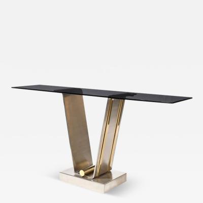 Karl Springer Mid Century Brass Stainless Steel Glass Tulip Console Table by Karl Springer