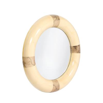 Karl Springer Mid Century Modernist Cream Lacquered Goat Skin Round Mirror by Karl Springer