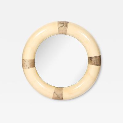 Karl Springer Mid Century Modernist Cream Lacquered Goat Skin Round Mirror by Karl Springer