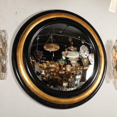 Karl Springer Mid Century Modernist Gilt Black Lacquered Convex Mirror by Karl Springer