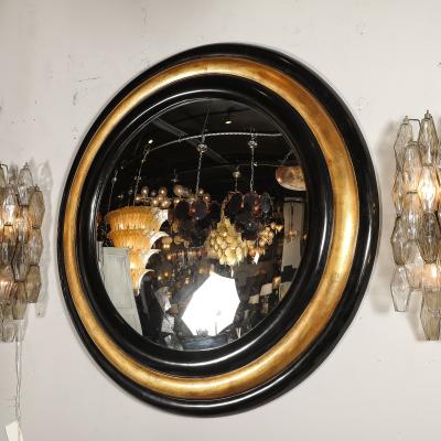 Karl Springer Mid Century Modernist Gilt Black Lacquered Convex Mirror by Karl Springer