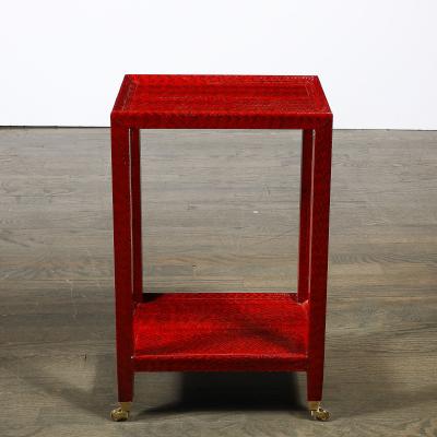 Karl Springer Mid Century Side Table in Smoked Ruby Cobra with Brass Castors by Karl Springer