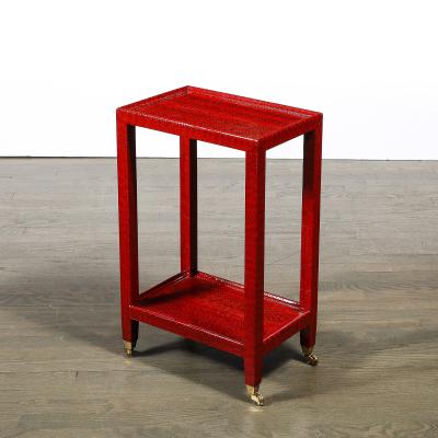 Karl Springer Mid Century Side Table in Smoked Ruby Cobra with Brass Castors by Karl Springer