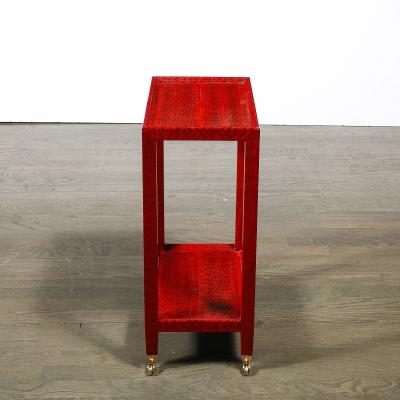 Karl Springer Mid Century Side Table in Smoked Ruby Cobra with Brass Castors by Karl Springer