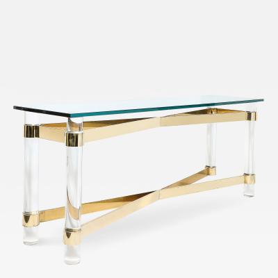 Karl Springer Mid Century X Form Polished Brass Lucite Console Table by Karl Springer