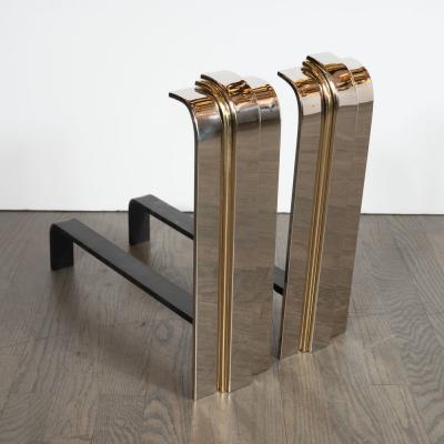 Karl Springer Modernist Art Deco Inspired Nickel and Brass Andirons Manner of Karl Springer