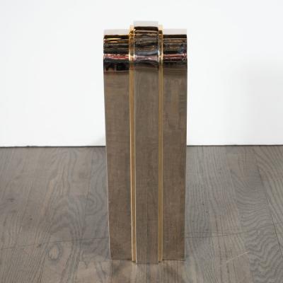 Karl Springer Modernist Art Deco Inspired Nickel and Brass Andirons Manner of Karl Springer