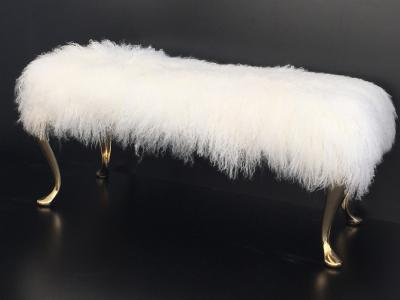Karl Springer Mongolian Fur Vanity Bench with Cabriolet Brass Legs