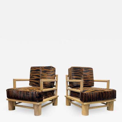 Karl Springer Pair Karl Springer Dowel Wood Lounge Chairs in Zebra Hide