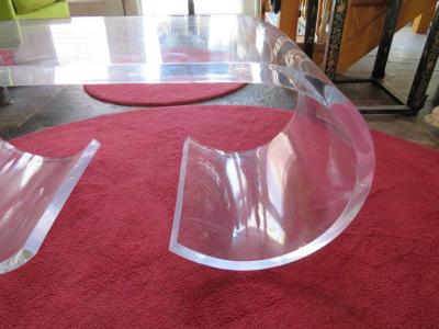 Karl Springer Pair Thick Lucite Scroll Cocktail Coffee Tables style of Karl Springer 1970s