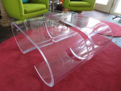 Karl Springer Pair Thick Lucite Scroll Cocktail Coffee Tables style of Karl Springer 1970s