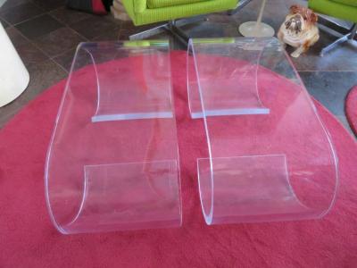 Karl Springer Pair Thick Lucite Scroll Cocktail Coffee Tables style of Karl Springer 1970s