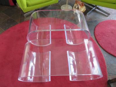 Karl Springer Pair Thick Lucite Scroll Cocktail Coffee Tables style of Karl Springer 1970s