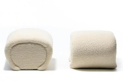 Karl Springer Pair of Custom Post Modern Karl Springer Style Ottomans in Ivory White Boucl 