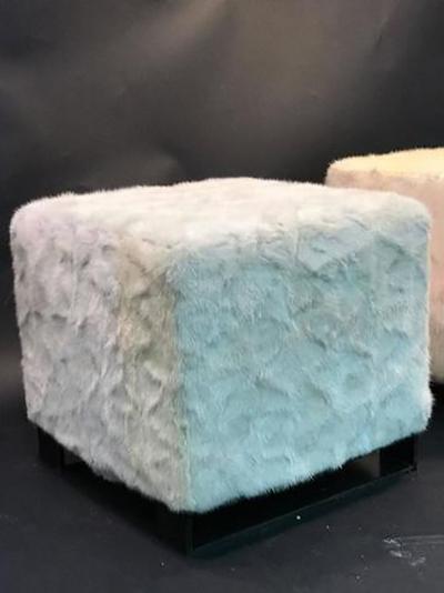 Karl Springer Pair of High End Bronzed Steel White Mink Ottomans in the style of Karl Springer