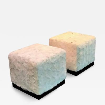 Karl Springer Pair of High End Bronzed Steel White Mink Ottomans in the style of Karl Springer