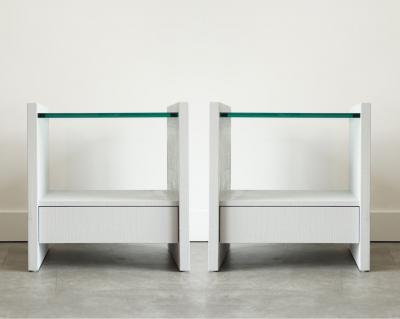 Karl Springer Pair of Karl Springer Lacquered Linen Nightstands circa 1980s