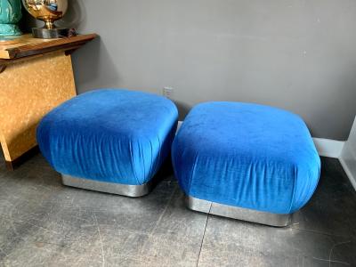 Karl Springer Pair of Karl Springer Souffle Ottoman in Blue Velvet