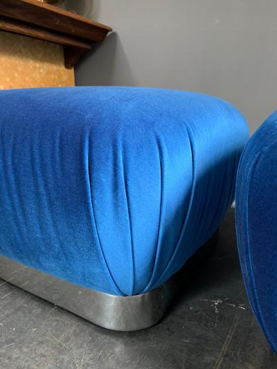 Karl Springer Pair of Karl Springer Souffle Ottoman in Blue Velvet