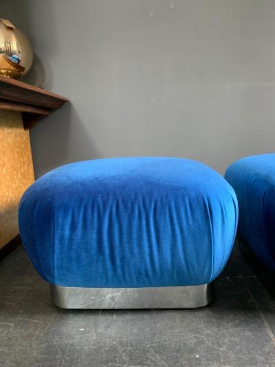 Karl Springer Pair of Karl Springer Souffle Ottoman in Blue Velvet