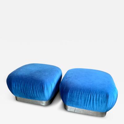 Karl Springer Pair of Karl Springer Souffle Ottoman in Blue Velvet