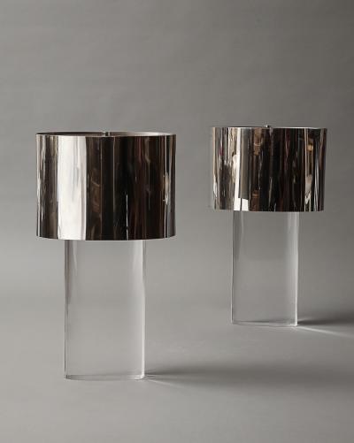 Karl Springer Pair of Lucite Lamps with Chrome Shades