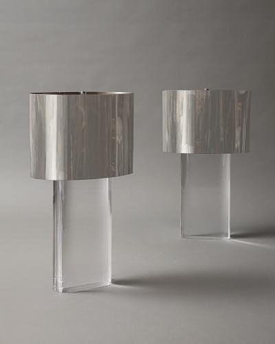 Karl Springer Pair of Lucite Lamps with Chrome Shades