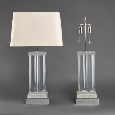 Karl Springer Pair of Lucite and Polished Nickel Column Lamps in the Style of Karl Springer 