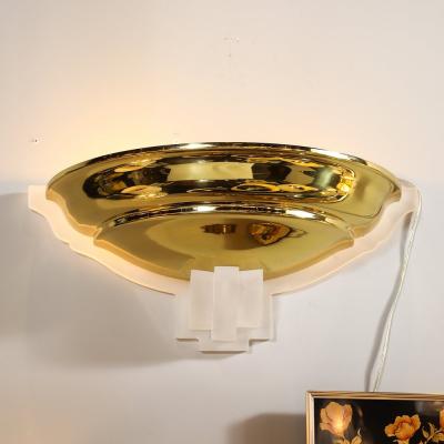 Karl Springer Pair of Mid Century Brass Lucite Spun Shaped Wall Sconces by Karl Springer