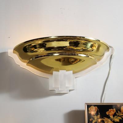 Karl Springer Pair of Mid Century Brass Lucite Spun Shaped Wall Sconces by Karl Springer