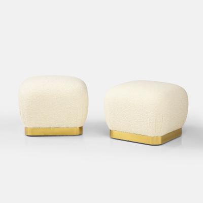 Karl Springer Pair of Souffle Ottomans in Ivory Boucl and Brass by Karl Springer