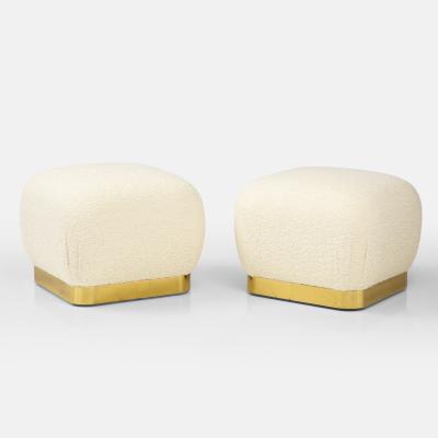 Karl Springer Pair of Souffle Ottomans in Ivory Boucl and Brass by Karl Springer