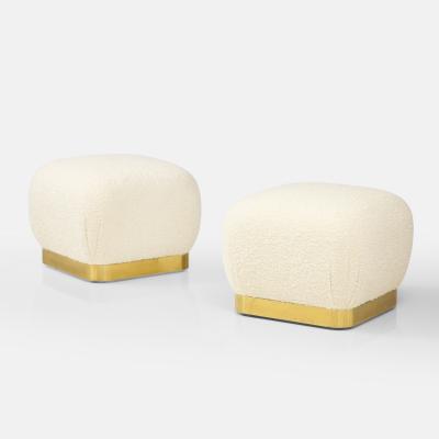 Karl Springer Pair of Souffle Ottomans in Ivory Boucl and Brass by Karl Springer