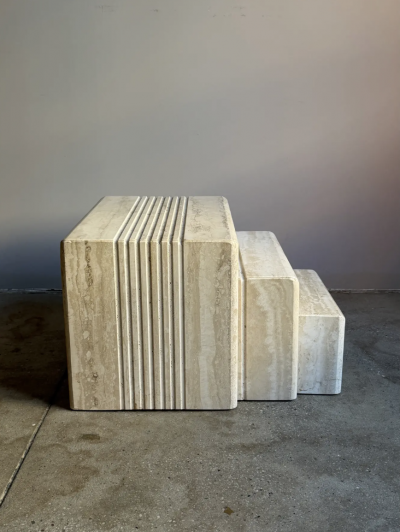 Karl Springer Postmodern Travertine Nesting Side Tables a Set of 3