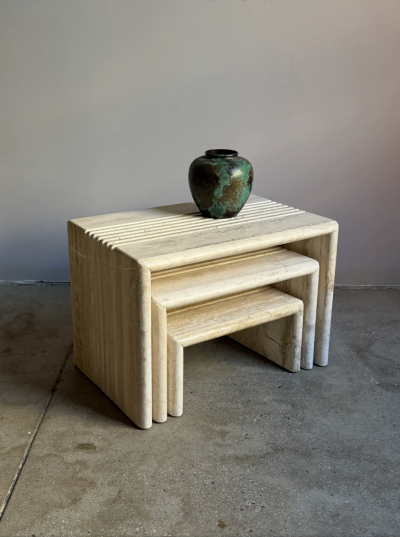 Karl Springer Postmodern Travertine Nesting Side Tables a Set of 3