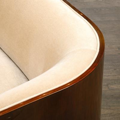 Karl Springer Rare Mid Century Curved Back Sofa in Book Matched Walnut signed Karl Springer