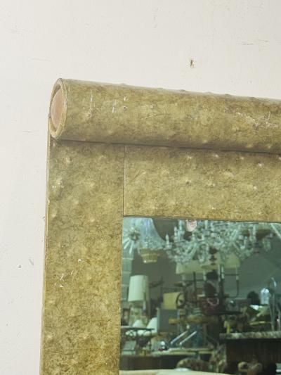 Karl Springer SCROLL CAPPED POST MODERN OSTRICH SKIN DESIGN METAL MIRROR