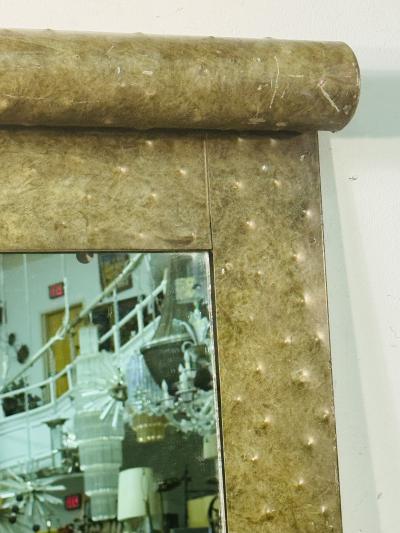 Karl Springer SCROLL CAPPED POST MODERN OSTRICH SKIN DESIGN METAL MIRROR