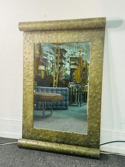 Karl Springer SCROLL CAPPED POST MODERN OSTRICH SKIN DESIGN METAL MIRROR