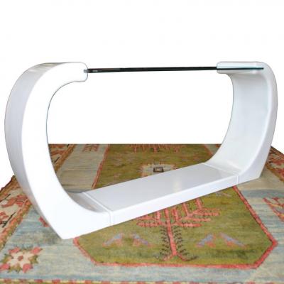 Karl Springer White Lacquered Scroll Glass Top Console Table