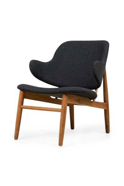 Karl Style Walnut and Textured Charcoal Gray Upholstered Armchairs