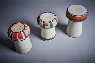 Kat and Roger Set of 3 hand painted Studio ceramic stools USA 2024