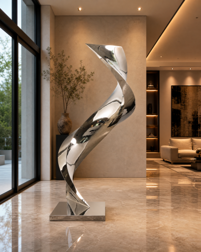 Katz Studio Cubus Spiralis Mirror Polished Stainless Steel Sculpture by Katz Studio