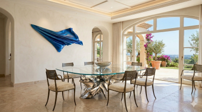 Katz Studio Rock Sculptural Dining Table in Stainless Steel or Bronze with Custom Glass Top