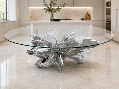 Katz Studio Rock Sculptural Dining Table in Stainless Steel or Bronze with Custom Glass Top