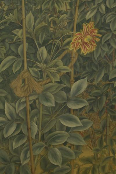 Kawabe Kasho Circa 1920 Taisho era Japanese Nihonga Screen Dahlias Cockscomb 