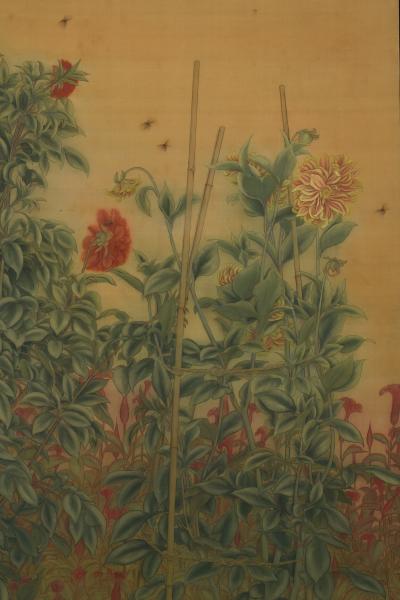 Kawabe Kasho Circa 1920 Taisho era Japanese Nihonga Screen Dahlias Cockscomb 