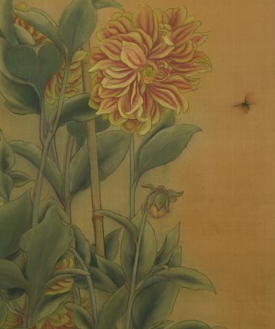 Kawabe Kasho Circa 1920 Taisho era Japanese Nihonga Screen Dahlias Cockscomb 